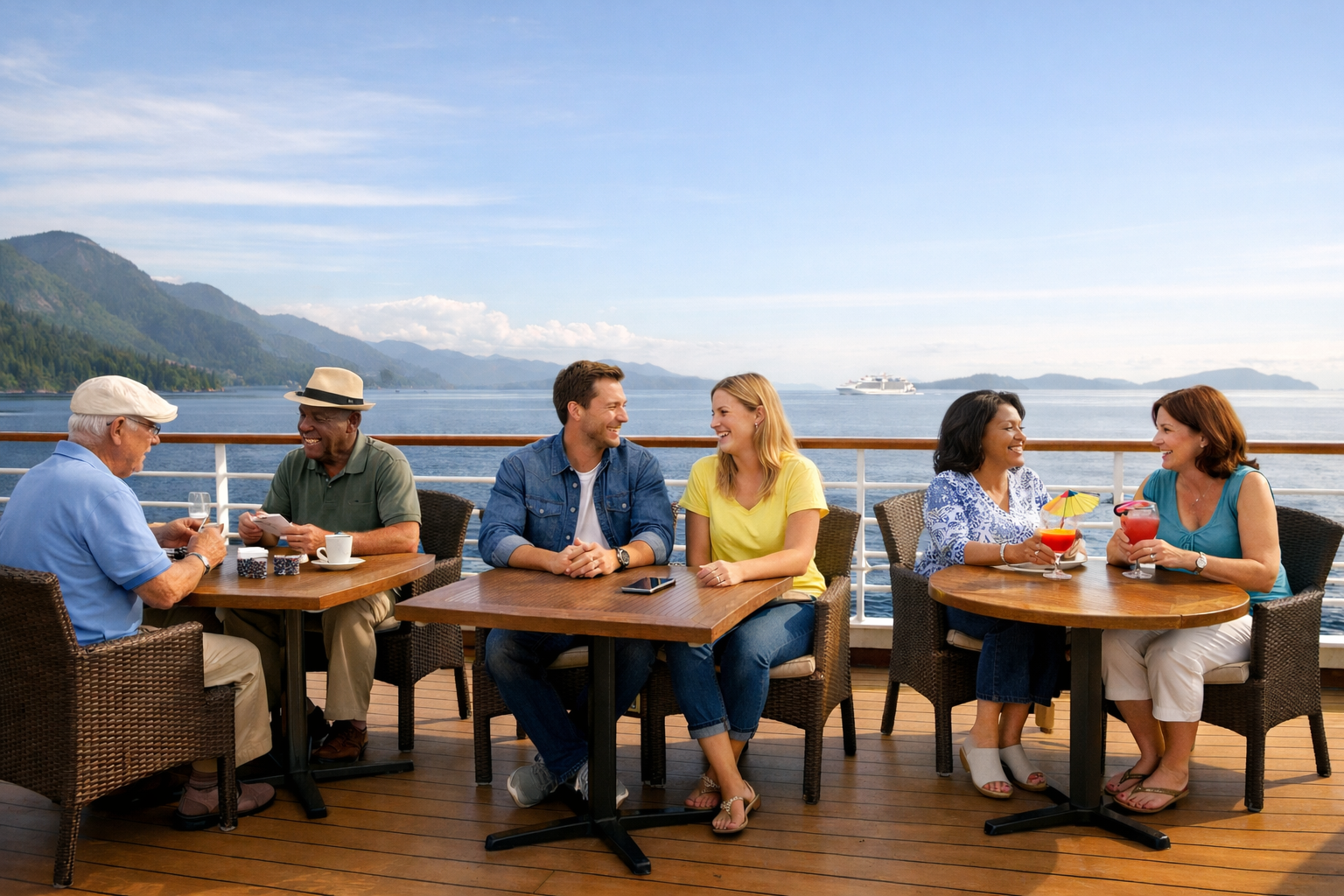 Cruise companions enjoying drinks together on deck