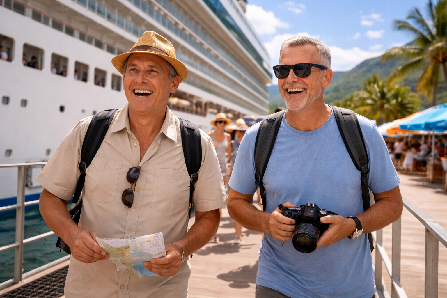 Two cruise friends laughing together while exploring a port beside their cruise ship