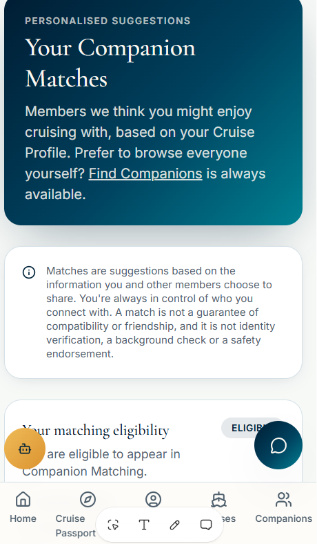 CCC Companion Matches member-area screen